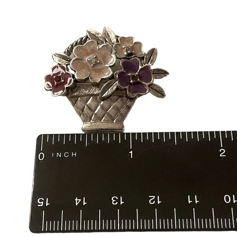 Liz Claiborne Shimmer Enamel Flower Basket Brooch w/‎ AB Rhinestones Silver Tone